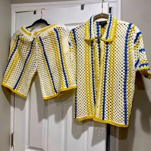 Knitted shorts and top from MAN. Yellow blue and white stripes